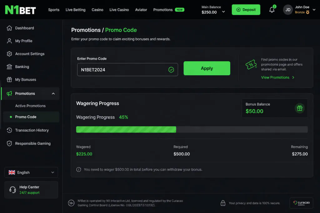 Step-by-step bonus activation panel inside the N1Bet profile dashboard - n1bet-spots.de