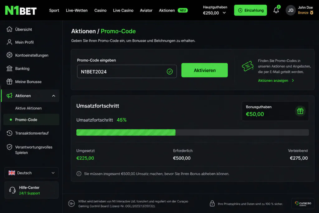 Schrittweises Bonus-Aktivierungspanel im N1Bet Profil-Dashboard - n1bet-spots.de