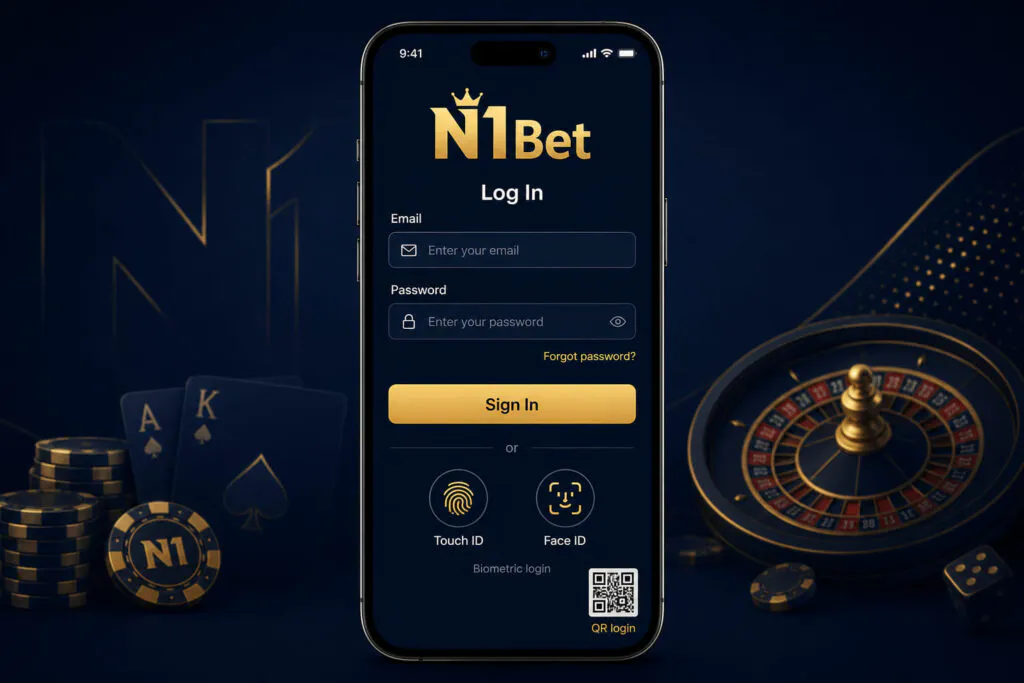 Mobile login screen of the N1Bet application with biometric authentication features - n1bet-spots.de