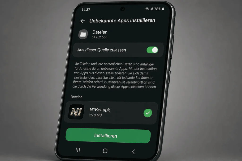 Android-Sicherheitseinstellungen erlauben die Installation der N1Bet APK auf einem Smartphone - n1bet-spots.de