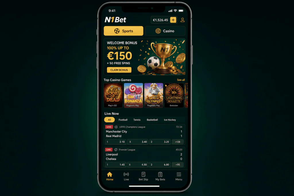Main interface and user dashboard of the N1Bet mobile app - n1bet-spots.de