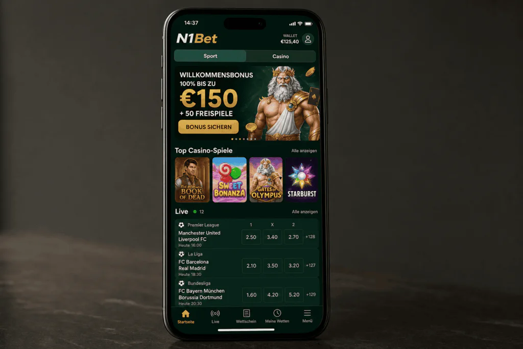 Hauptoberfläche und Benutzer-Dashboard der mobilen N1Bet App - n1bet-spots.de